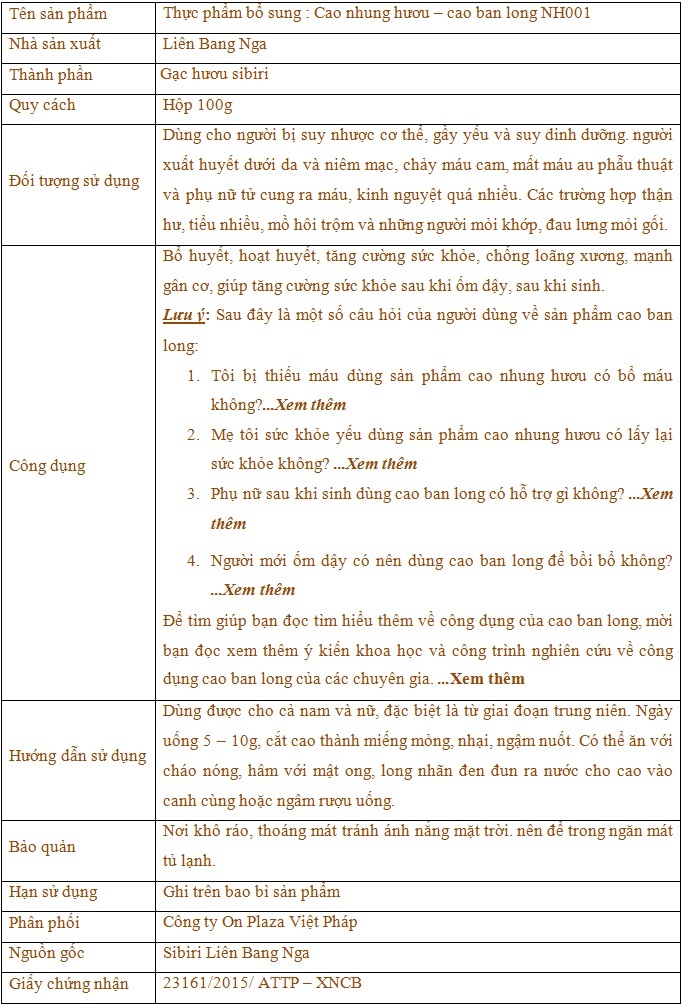 thành phần và công dụng của cao bàn long sibiri 100g NH001 thành phần và công dụng của cao bàn long sibiri 100g NH001