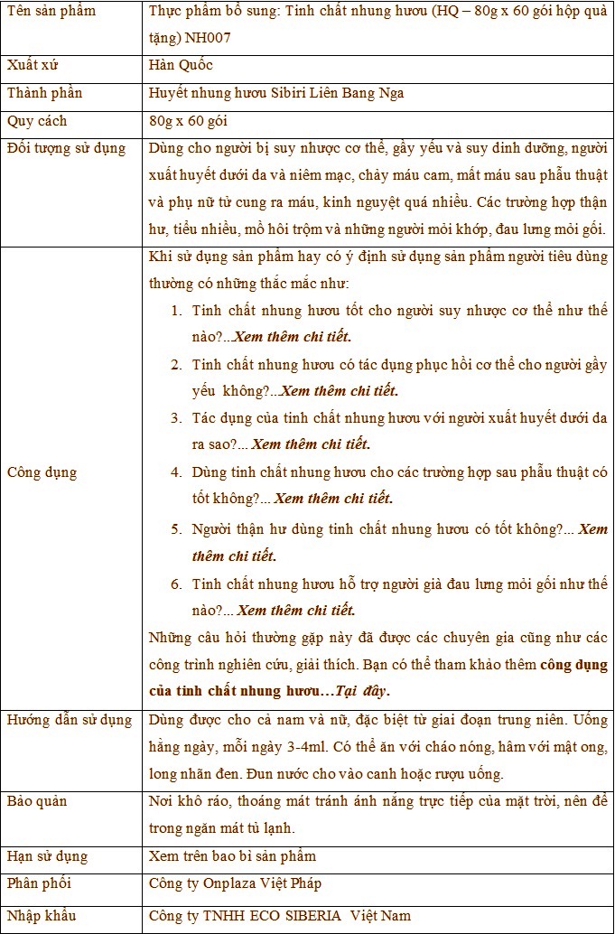 công dụng và thành phần của tinh chât nhung hươu NH007 công dụng và thành phần của tinh chât nhung hươu NH007