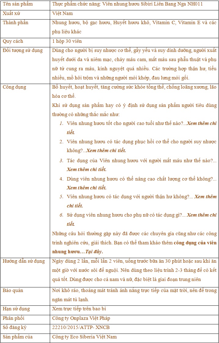 thành phần và công dụng của viên nhung hươu sibiri NH011 thành phần và công dụng của viên nhung hươu sibiri NH011